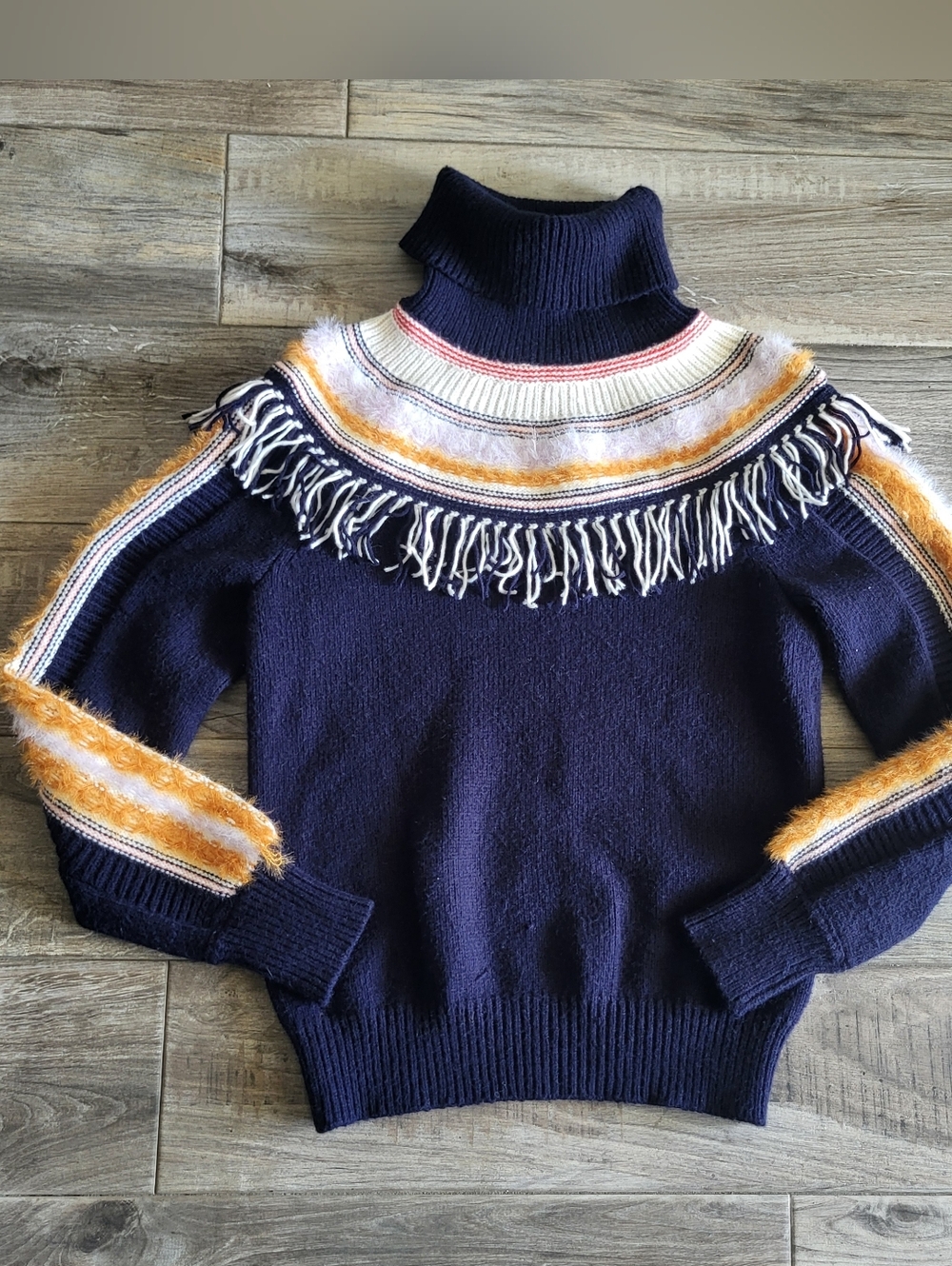 Anthropologie Margherita Nordic Sweater Fringed Turtleneck Navy Mustard Size S - Picture 5 of 10